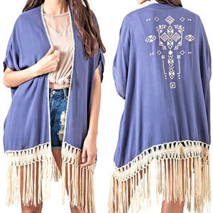 Umgee Blue Fringe Kimono Shrug with Cream Trim